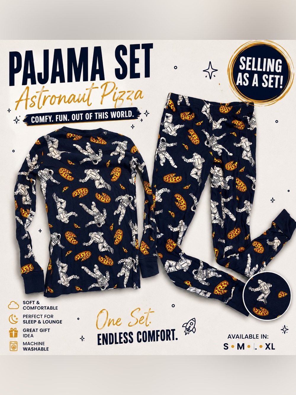 Kids landsend Blue Astronaut & Pizza Print Pajama Set